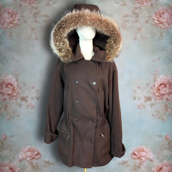 Vintage Anne Klein II Double Breasted Brown Wool & Fur Hood Cinch Waist Coat - Picture 1 of 8